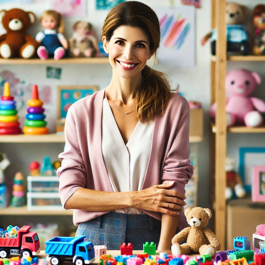 DALL·E 2024-10-05 22.12.57 - Create an image of a toy company founder. The person should be a woman in her mid-40s, with a warm and welcoming smile. She should be in a colorful wo